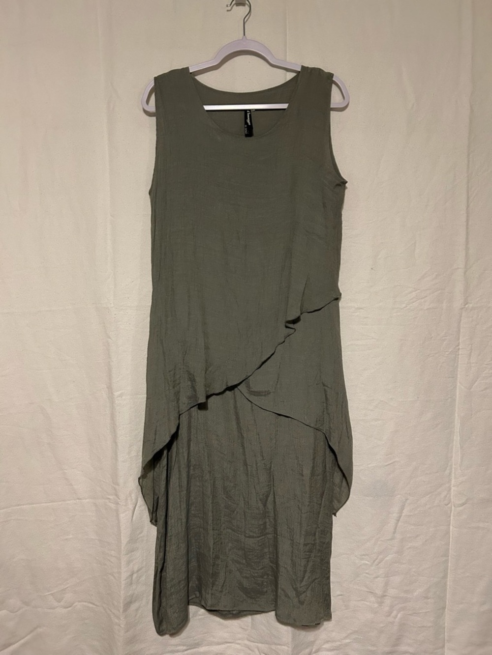 Olive Green Sleeveless Maxi Dress with Layered Asymmetric Hem